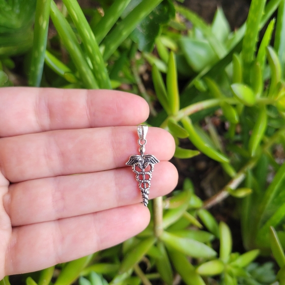 New Solid 925 Sterling Silver Simple Caduceus Staff of Hermes Pendant - Picture 2 of 6